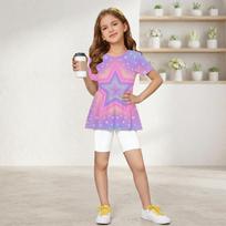 Girls Summer Outfit Short Sleeve Peplum Top with Ruffle Hem and Matching Shorts Set Lightweight Breathable Fabric Comfortable Fit 120 violetinė