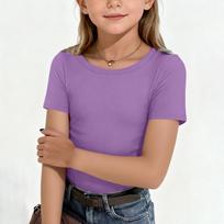 Girls Short Sleeve Ribbed Knit T Shirt Crew Neck Soft Stretchy Basic Top for Kids Casual Everyday Wear 140 violetinė