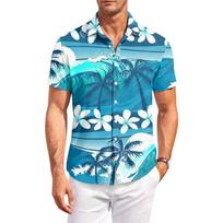 Men’s Hawaiian Print Short Sleeve Button Down Shirt Casual Outdoor Collared Summer Lightweight Relaxed Fit Top M žalia