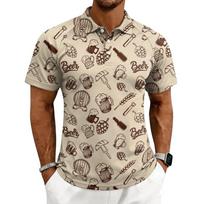 Men's Casual Polo Shirt Short Sleeve Button Down Collar Printed Pattern Lightweight Breathable Fabric Summer Top XL chaki