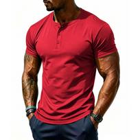 Men's Summer Quick Dry Breathable Mesh Casual Short Sleeve Henley Shirt Lightweight Athletic Tee with Buttoned Collar M raudona