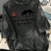 Little Red Riding Hood Wolf T-Shirt Vintage Washed Oversized Tee Women Dark Fairy Tale Funny Quote S