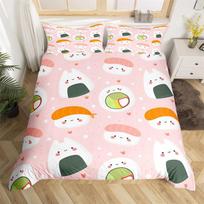 Cartoon Sushi Food Duvet Cover Twin For Kids Teen Microfiber Japanese Cuisine Bedding Set Kawaii Cat Cherry Blossoms Quilt Cover EU single(135x200cm)