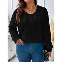 Autumn and Winter Solid Color Plus Size Top V-neck Hooded Long Sleeved Loose Women's T-shirts 1XL juoda