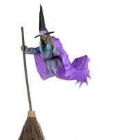 Animatroninė raganė Helovino dekoracijos 1,8 m aukščio skraidanti raganė ant šluotos su baisiais garsais ir šviesomis sodo kiemo vejos dekoravimui Broom Witch-Purple and White