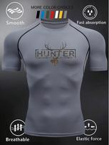 Men's Compression Shirt Quick Dry Neon Green Gym T-Shirt  HUNTER  Deer Print Workout Sportswear S pilka spalva