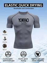 Men's Black Compression T-Shirt with YOKKAO Muay Thai Print, Elastic Quick Drying Breathable Muay Thai MMA Training Top S pilka spalva