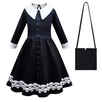 Wednesday Addams Cosplay Costume Bag Wig Kids Halloween Party 130cm