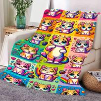 Vibrant Cartoon Cat Throw Blanket - Colorful 5x3 Grid of Cute Cat Designs with Expressive Faces, Whimsical Elements like Hearts 75cmx90cm