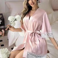 Ladies Elegant Satin Robe Lace Trim Kimono Short Sleepwear Nightgown V Neck Belted Bridal Loungewear Bridesmaid Gift S rožinė