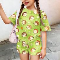 Kids Casual Short Sleeve Top and Shorts Set Animal Print Lightweight Comfortable Soft Fabric Summer Outfit for Boys and Girls 130 žalia