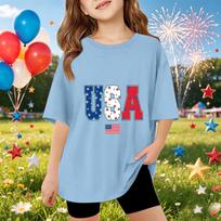 Kids Short Sleeve T Shirt USA Patriotic Print Casual Top Lightweight Comfortable Fit Summer Tee for Boys Girls 110 mėlyna