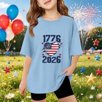 Kids Short Sleeve T Shirt Independence Day Print Top 1776 2026 Casual Fit Comfortable Cotton Blend Tee for Boys Girls 130 mėlyna