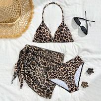 Girls Fashion Casual Two-Piece High Waist Mesh Skirt Swimsuit Set Includes Triangle Top Bottom and Mesh Skirt Cover-Up for Summer Beachwear 150 chaki