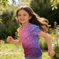 Girls V Neck Short Sleeve T Shirt Casual Top with Ruffle Sleeve and Sequin Print Lightweight Summer Blouse for Kids 150