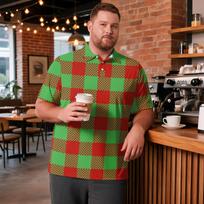 Men's Big Size Polo Shirt Plaid Print Breathable Short Sleeve Golf Shirt Casual Workwear Top with Collar XL žalia