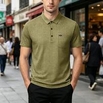 Men's Casual Short Sleeve Polo Shirt Grid Pattern Button Down Collar Lightweight Breathable Fabric Summer Top XXXXL geltona