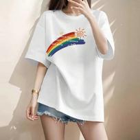 Summer 2025 New Fashion All-Match Rainbow Print T-Shirt unisex Clothing Casual Loose Cotton Basic Top Lady Short Sleeve Pullovers S įvairiaspalvis