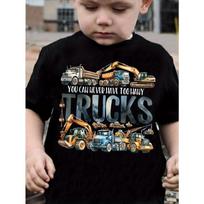 Cartoon Truck Print Boy's Creative T-shirt, Vibrant Comfortable Crew Neck Top, Kids Summer Clothing 110 juoda