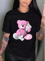 Bear Print Crew Neck T-Shirt Casual Short Sleeve Top For Spring & Summer Wounisex's Clothing S įvairiaspalvis