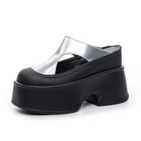 High Brand 11CM Women Genuine Leather Luxury Summer Fashion Pumps Chunky Heels Hook ROME Platform Wedge Shoes Mary Jane Slippers 33 sidabras
