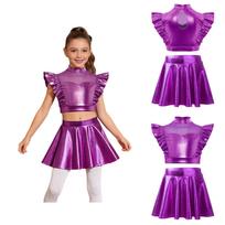 Girls Stage Jazz Dance Wear Mock Neck Sequin Mesh Patchwork Sleeveless Metallic Fringe Crop Top with Elastic Waistband Sparkly Flared Skirt 5-6 Years violetinė