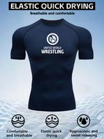 Vyriški balti United World Wrestling spaudinio kompresiniai marškinėliai, greitai džiūstantis kvėpuojantis treniruočių viršus S tamsiai mėlyna