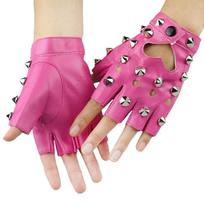PU Leather Half-palm Gloves Fingerless Patent Leather Gloves Motor Rivet Gloves  Disco Dancing rožinė raudona spalva