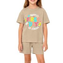 Kids School Outfit Set Short Sleeve Loose Fit Casual Round Neck Top with Printed Design and Matching Shorts Comfortable Fit for Boys Girls 140 chaki