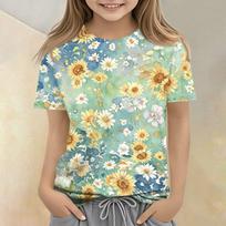 Kids Floral Print Short Sleeve T Shirt Casual Loose Fit Round Neck Tee Top for Children Summer Wear 160