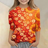 Kids Floral Print Casual T Shirt Crew Neck Three Quarter Sleeve Lightweight Comfortable Fit Soft Fabric Top for Everyday Wear 110