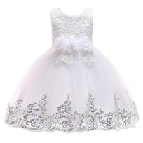 Girls Sleeveless Lace Dress Flower Waistband Tulle Skirt Party Dress Formal Occasion Dress for Kids 130 balta