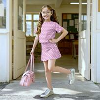 Girls Casual Two Piece Set Short Sleeve Top and Skirt Polka Dot Print Comfortable Fit Lightweight Fabric 160 rožinė