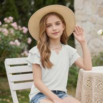 Girls V Neck Ruffle Sleeve T Shirt Lightweight Short Sleeve Casual Top Summer Blouse for Kids Soft Comfortable Fabric 110