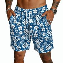 Mens Casual Drawstring Shorts Lightweight Quick Dry Five Inch Shorts with Elastic Waistband and Hawaiian Print for Summer Beachwear XL tamsiai mėlyna