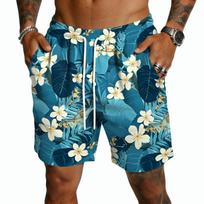 Men's Casual Drawstring Shorts Lightweight Quick Dry Five Point Pants Hawaiian Print Beachwear Summer Bottoms L mėlyna