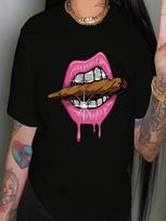 Lips Print T-Shirt Short Sleeve Crew Neck Top For Summer Wounisex's Clothing Casual Clothes Summer TShirt Wounisex Aesthetic Clothes S įvairiaspalvis