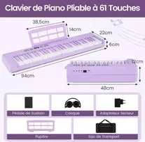 Koduva Vaikiškas sulankstomas 61 klavišų pianinas, violetinis