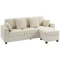 Kampinė sofa su atlenkiama šezlongo dalimi, 3 vietų sofa su aksominės išvaizdos audiniu, plati ir gili sėdynė, pagalvės su plunksnų užpildu, smėlio spalvos