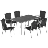 Lauko baldų komplektas, 150 x 90 cm stalas su 6 kvėpuojančiomis kėdėmis, grūdinto stiklo stalviršiu
