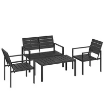 Lauko baldų komplektas 4 asmenims, sodo poilsio zona su 2 vietų sofa, 2 foteliais ir pagalbiniu staliuku, juodos spalvos, su lamelių dizainu