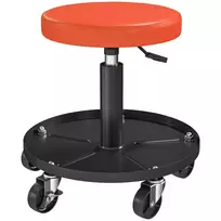 HOMCOM dirbtuvės taburetė su ratukais ir daiktadėže, reguliuojamo aukščio 38-50 cm, iki 135 kg apkrovos, besisukanti, apvali darbastalių sėdynė, Ø38 cm, oranžinė