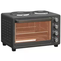 HOMCOM Mini orkaitė 28 L 2600 W Mini orkaitė 100-230 ℃ 60 min. laikmatis, su 2 pašildymo plokštėmis, kepimo skardomis ir grotelėmis Krosnelė picai su trupinių dėže, dėklo rankena Juoda