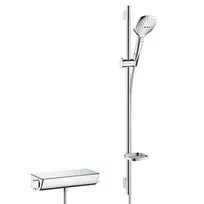 Hansgrohe Raindance Select E – dušo komplektas 120 su termostatiniais maišytuvais Ecostat Select, 3 srove, baltas / chromuotas 27039400