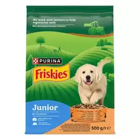 FRISKIES Junior visavertis sausasis ėdalas šuniukams su vištiena, daržovėmis ir pienu 0,5 kg