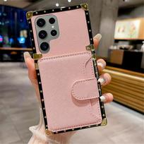 Kvadratinės kortelės krepšio piniginės dėklas, skirtas Samsung S23 S22 Ultra S21 S20 FE S10 S9 S8 Plus A14 A24 A34 A54 A13 A23 A33 A53 A51 A31 A71 piniginės kortelės lizdo dangtelis SAmsung A51 4G rožinė