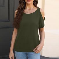 Women's Fashion Solid Color Round Neck Strapless Loose Casual Top L armijos žalia spalva