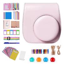 12-in-1 Camera Protective Case for Fujifilm Instax Mini 12/11 Instant PU Leather Bag Cover with Photo Album & Frames DIY Sticker rožinė