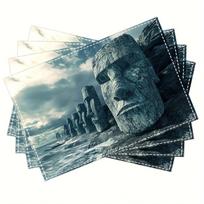 4-Pack Linen Placemat Easter Island Moai Statues Scenic View Travel Decor Kitchen Dining Table Mat Home Decor Gift Idea 4PCS