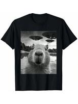 Funny Graphic Tee Capybara Selfie With UFO Weird Tee T-Shirt S įvairiaspalvis